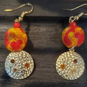 Recycled Glass Bead Earrings with Textured Disc Accent
